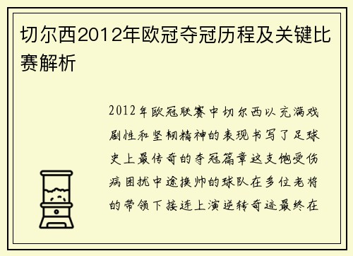 切尔西2012年欧冠夺冠历程及关键比赛解析