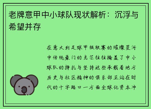 老牌意甲中小球队现状解析：沉浮与希望并存